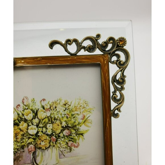 NWOT Glass Bronze Metal Fan Ornamental Scrolls Photo Frame w/Citrone Rhinestones - Picture 5 of 14